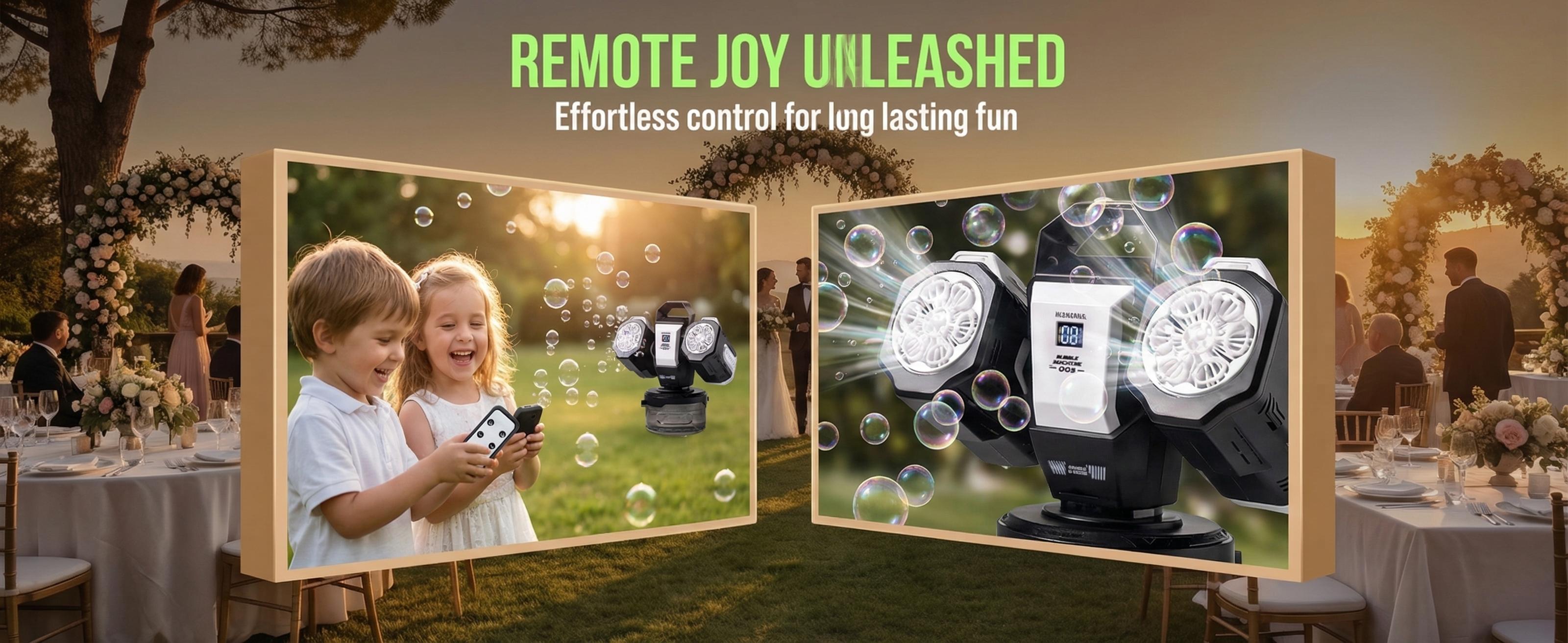Dual-Head Handheld Party Bubble Maker for 8+ Years, Wireless Remote Control, 3.7V Rechargeable Lithium-Ion Battery, RGB Lighting, 360° Auto Rotation, 30000 Bubbles/Min, Wedding & Outdoor Play, Handheld Bubble Maker