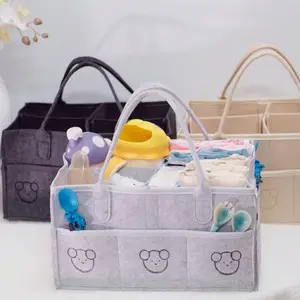 1pc Felt Mommy Bag, Thickened Upgrade Multi-Functional Diaper Bag, Cartoon Bear Pattern, Large Capacity 4 Compartments Travel Bag, Multifunctional Diaper Bag