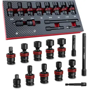 3/8" Drive Universal  Socket Set, 13 count Swivel Socket Set, Universal Joint Wobble Socket 6-Point, SAE, 5/16"-11/16", Cr-Mo, with Extension Bars, Socket Adapter, Drill Bit Adapter