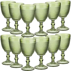 12 Pcs 10 oz Wine Glasses Beads Colored Glass Goblet Crystal Classic Glassware Embossed Pattern Vintage Goblets for Party Wedding Friends Family Drinking Water Beverage(Green)