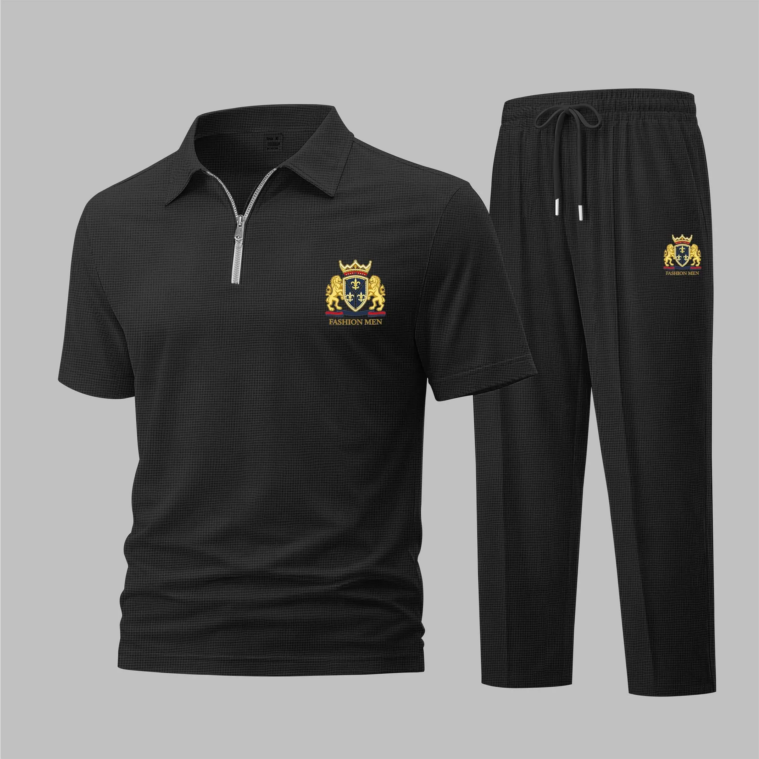 Men's Daily Look: Wing Golf Polo Fashion Men With The Print Waffle Knit Polo Shirt and Athletic Pants Set, Short Sleeve Zip-Up Collar Two-Piece Outfit, Casual Sportswear, Lightweight Breathable Comfortable Daily Wear Travel Loungewear
