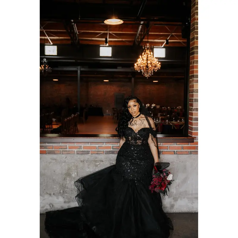 distressed black dress A-Line Black Gothic Wedding Dress 3D Flowers Tulle With Cape, Black / 14 main image 1