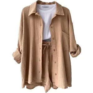 Women'S Two-Piece Set Turn-Down Collar Long Sleeve Shirt High Waist Drawstring Shorts Home Dress Fashion Casual Outfit(Sports & Outdoor)