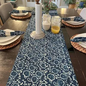 Handmade Indigo Blue Indian Hand Block Floral Print, Cotton Cloth Table Runner, Wedding, Housewarming Party, Home Decor, Table Decor, Gift