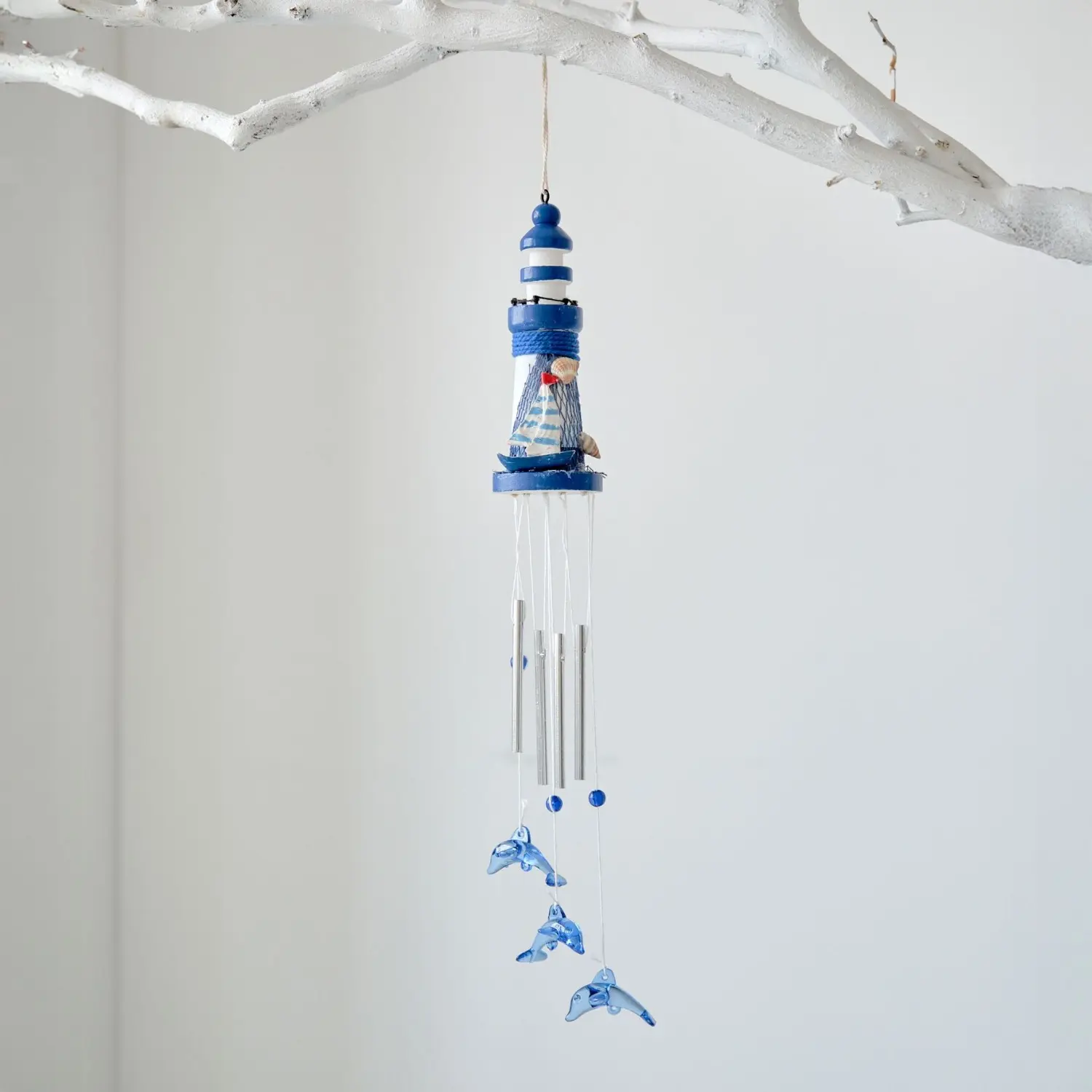 Lighthouse Wind Chimes, Coastal Wooden Hanging Decor with Aluminum Tubes and Dolphin Accent for Outdoor Garden & Patio, Nautical Lighthouse Wind Chimes, Coastal Nautical, Wooden Base, Windchime, Patio Hang, Wooden Tubes