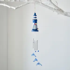Mediterranean Lighthouse Wind Chimes - Single Coastal Wooden Nautical Hanging Ornament with Metal Aluminum Tube, Dolphin Chime for Outdoor Garden Patio Decor, Outdoor Decor
