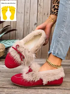 Women's Flat Round Toe Fur Shoes, Slip-On Winter Warm Anti-Slip, Soft Cute Indoor Outdoor Fashion, Party Wear, Fabric Upper, Rubber Sole