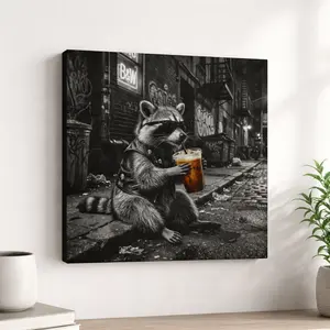 Raccoon with Iced Coffee Canvas | Urban Alleyway Black and White