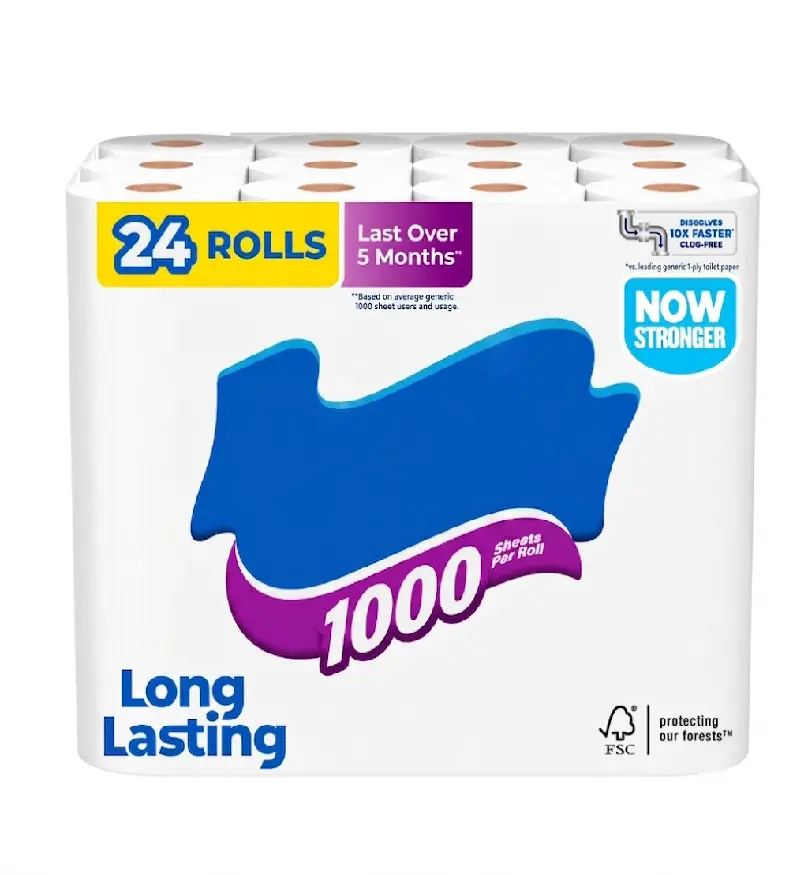 24-Count Ultra Plush 2-Ply Toilet Paper, 1,000 Sheets Per Roll, Soft Bathroom Tissue for Family Homes, Guest Bathrooms and Everyday Household Use