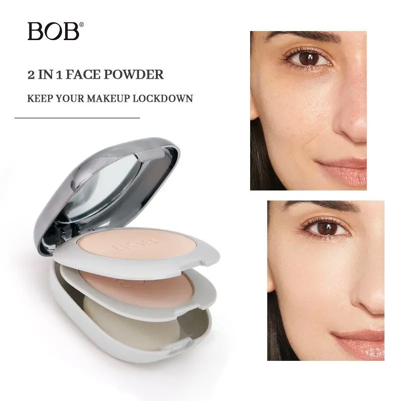 BOB 2-in-1 Dual-Layer Pressed Powder - Wet & Dry 2-Way Cake, 24HR Oil-Control, Matte Finish, Full Coverage Concealer, Brightening, Lightweight Waterproof Setting Powder for All Skin Types Makeup Cosmetic