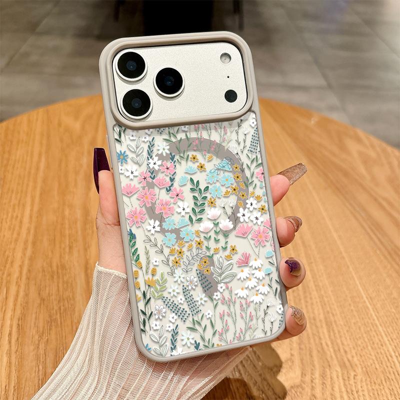 Chic Botanical Graphic Phone Case Hand-Drawn Style Pink, Blue & Yellow Wildflowers Paired With Lush Greenery Featuring Built-In Strong Magnet Ring Blending Smooth Macaron Texture With Secure Magsafe Compatibility For iPhone 17 16 15 14 13 12 11 X XS