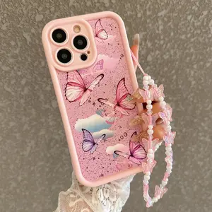 Butterfly Pattern Phone Case with Beaded Chain, Decorative Phone Protector Cover, Phone Accessories Compatible with iPhone 11 12 13 14 15 Pro Max, Casing