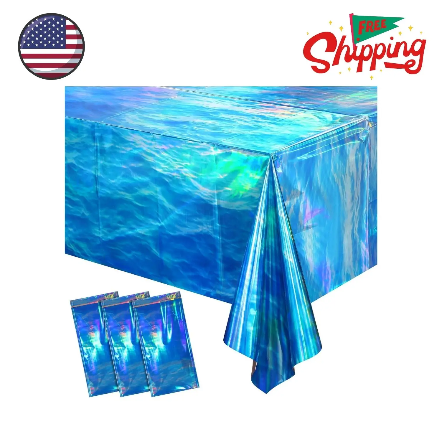3 Pcs Iridescent Waves Tablecloths - Disposable Plastic Ocean Blue, 54 x 108 Inch
