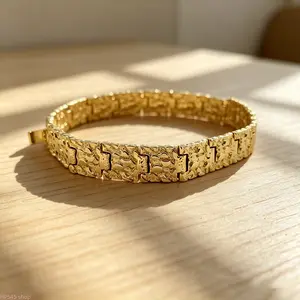 Nugget-Shape Gold-Plated Stainless Steel Bracelet, 15mm Width, 7in & 8in Two Size Options, Tarnish Free and No Fade Long-lasting Jewelry, Stylish Daily Accessories for Men, Perfect Gift for Guys, Do Not Wear During Long Showers
