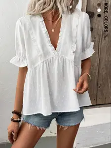 Women's Swiss Dot V Neck Blouse, Boho Tie Top, Casual Short Sleeve Top for Summer, Women's Clothing for Daily Wear