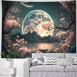Quiet Cherry Blossom & Moon Tapestry, Lightweight Polyester Wall Hanging, Starry Sky & Mountain Scene, Bedroom Living Room Dorm Decor, Starry Sky Pattern