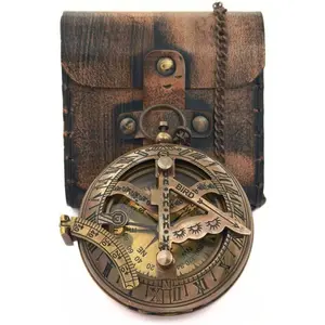 Brass Sundial Compass in Leather Case - Nautical Gifts for Men, Antique Sailing Anniversary Gadget for Him, Unusual  Nautical Decor, Naval Maritime Pocket Watch Clock