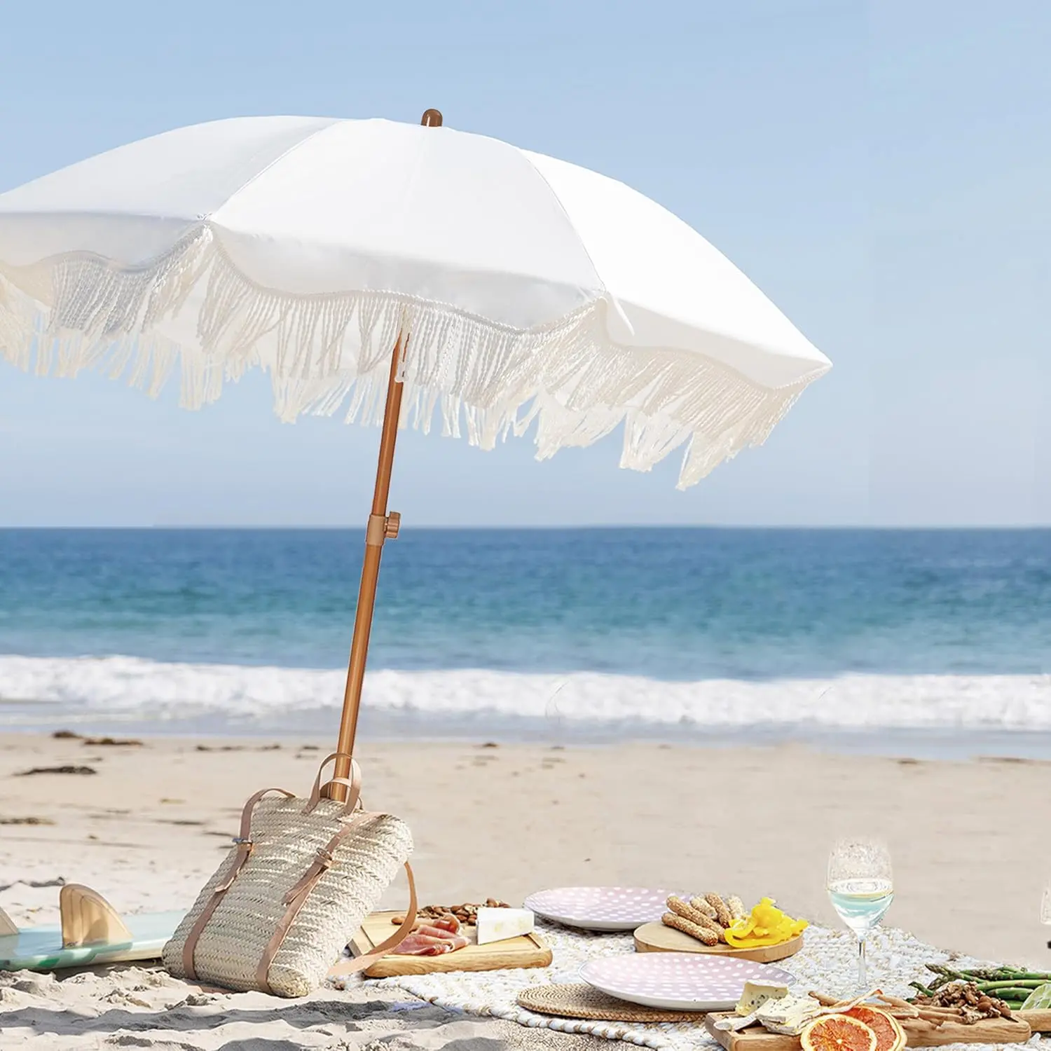 boho patio umbrella Elyrthriumc White Outdoor with Fringe 6.5ft Beach Umbrella for Travel Tilt Umbrella Portable Sunshade Umbrellas UPF50+ Holiday Umbrella Beach Parasol for Garden Lawn Yard Pool : Patio woven macrame canopy 6 Ft Pink Fringe Patio