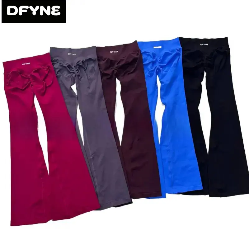 DFYNE Scrunch Back High Waist Flare Yoga Pants Seamless Ribbed Waist Butt Lifting Bootleg Workout Leggings Stretchy Squat Proof Athletic Pants
