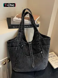 Casual Fashion Large Capacity Multi-Pocket Denim Tote Bag, Handheld Single Shoulder, Stylish and Practical, Perfect for Everyday Use, Textured Commuter Bag, Casual Trendy Bag