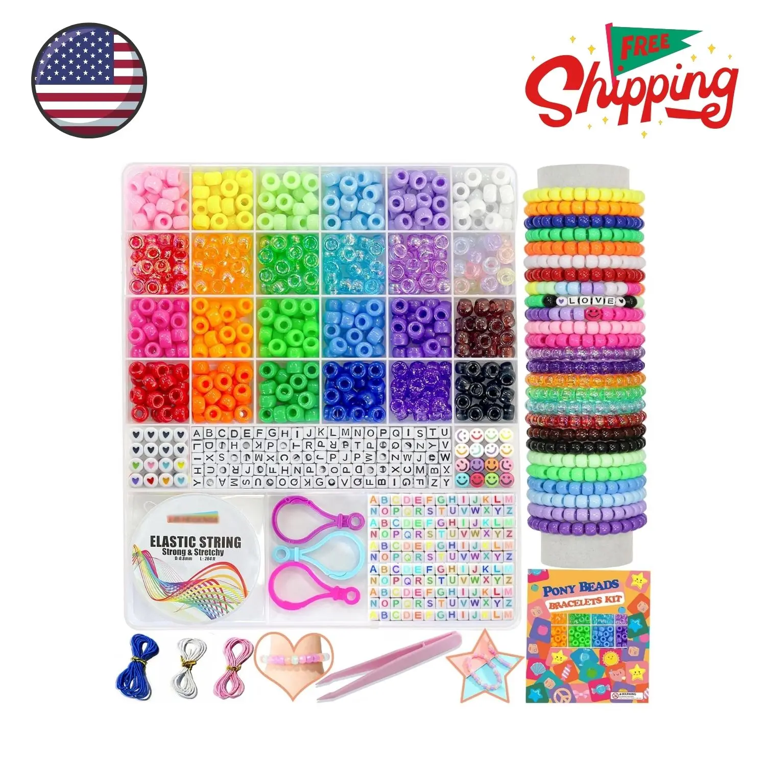 Pony Beads Bulk, Kandi Beads for Necklace Jewelry Making Hair Braiding (24 Color, 1000PCS)