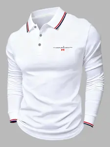 Men's Modern Casual Golf Polo Shirt, Loose Long Sleeve Front Button Design, Letter Print, Breathable Fabric, Spring & Fall Wear
