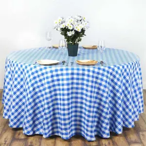 Polyester Round Tablecloth 120" White/Blue Checkered Buffalo Plaid Design - Seamless Rustic Table Cover