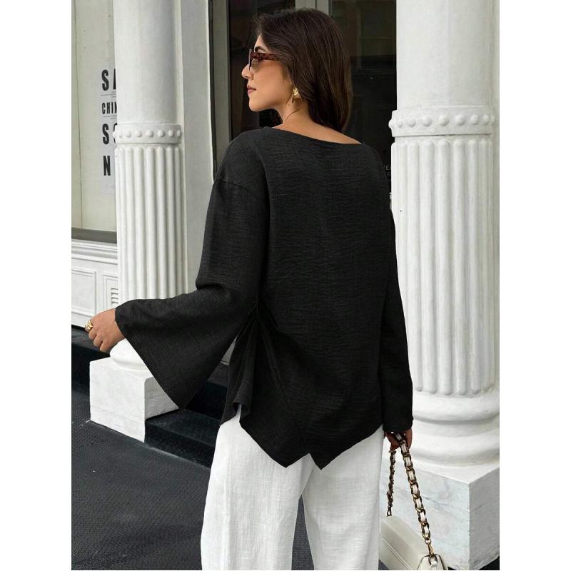 Women's Black Solid Color Pleated Asymmetric Hem Long Sleeve Elegant Blouse Fabric Fit Casual Top Woven Polyester Shirt