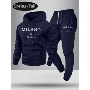 Men's Milan letter printed hoodie and sweatpants set for spring and autumn casual drawstring elastic waist, two-piece set for husband and boyfriendRAIMENTRY