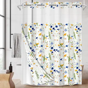 1PC2DFlat Double Layer Shower Curtain, Fresh Pastoral Style Decor, Blue & Yellow Daisy Wildflower Print, Natural Rustic Design, Clear Top Window & Detachable Snap-In Liner, Waterproof & Mildew Resistant, Thick &Washable Bathroom Curtain (No Hooks Included