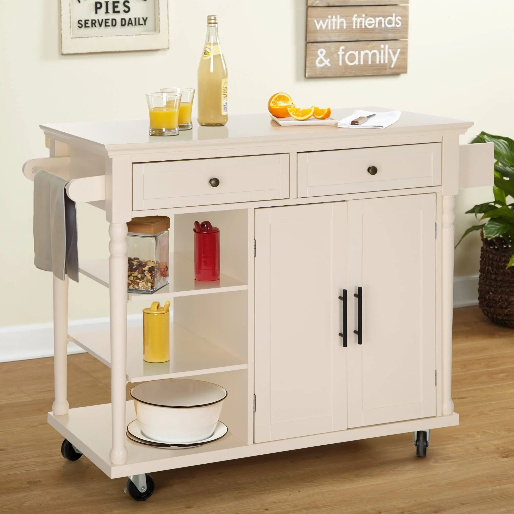 PHIVILLA Kitchen Island Cart with Storage on Wheels, Rolling Kitchen Trolley with 2 Doors, 2 Drawers, 3 Open Shelves, Towel and Spice Rack Apartment Furniture Cabinet
