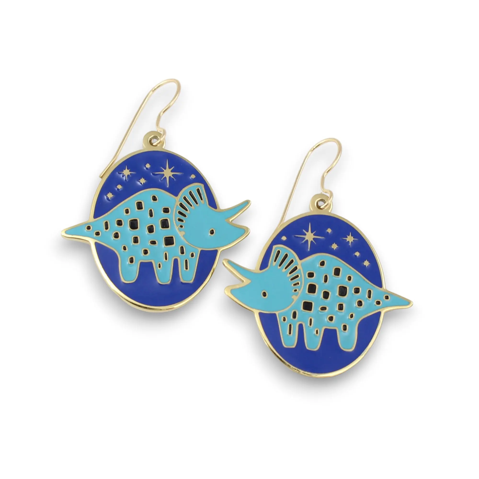 Gold Dinosaur Dangle Earrings - Triceratops at Night - Adorable Dinosaur Charm Jewelry