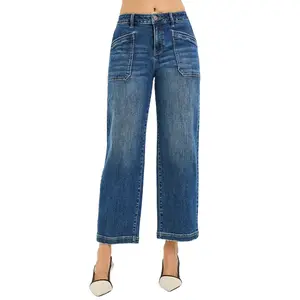 RISEN JEANS Women's Dark Chic Spandex Piece Slouchy Cropped Baggy Jeans, Featuring Front Patch Pocket Detail, Stylish Casual Pants PWC21491 fathersdaygiftideas
