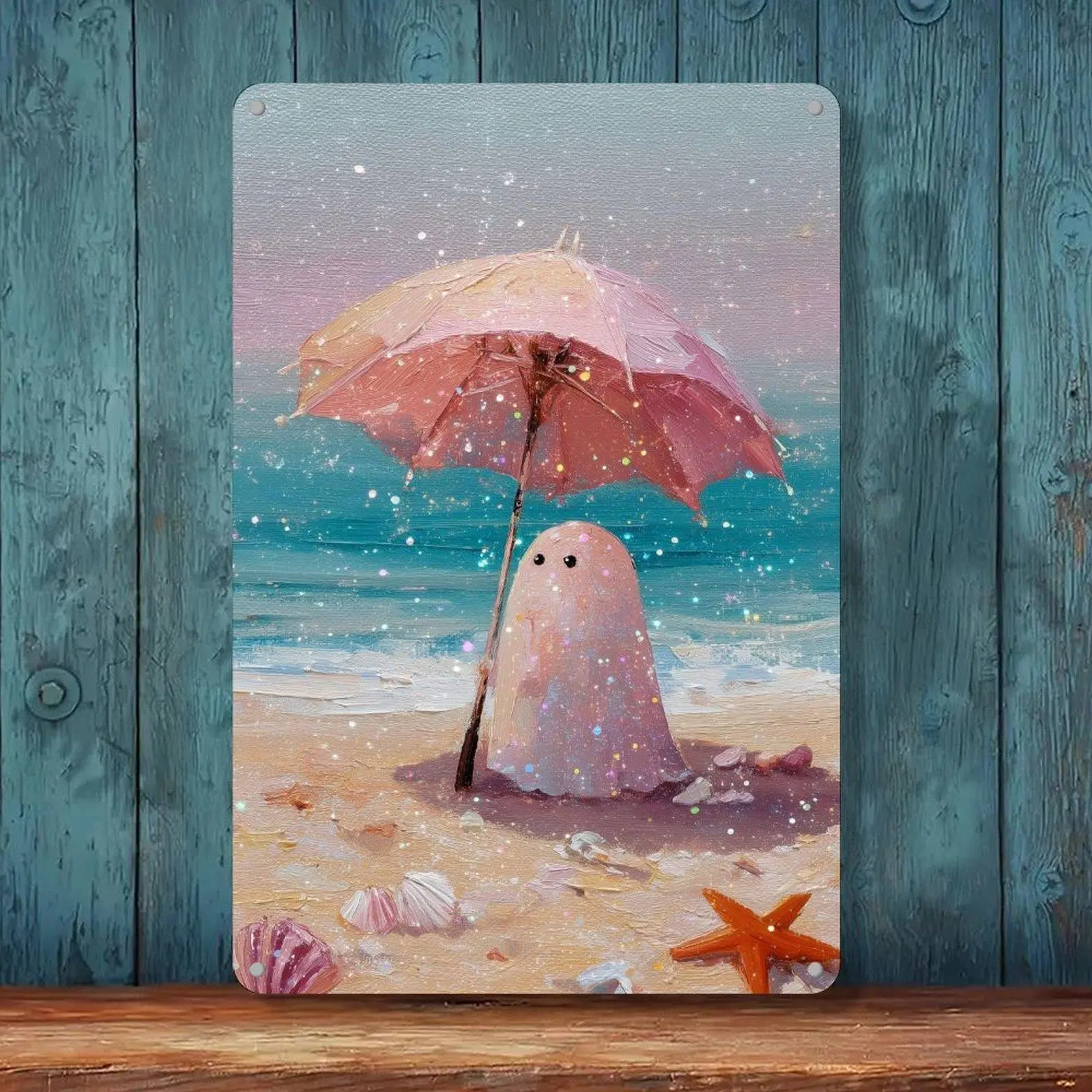 Glitter Ghost On Summer Beach Ocean Shore Wall Art 8x12in Cute Spooky Season Canvas Painting For Holiday Indoor Wall Decoration