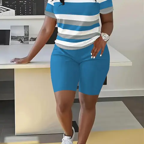 Two-Piece Set Women's Striped Print Short Sleeve Tee & Plain Elastic Waist Shorts, Casual Round Neck T-shirt & Shorts, Ladies Clothes, Casual Matching Set, Summer Outfits Set, Casual Fashion Set