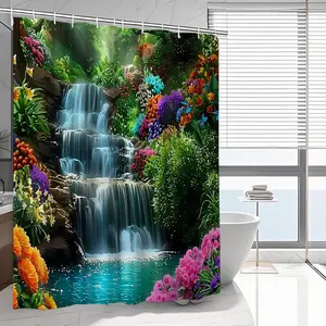 Waterfall & Flower Pattern Bathroom Shower Curtain, Waterproof Bathroom Curtain, Bathroom Decor Supplies for Home Hotel Salon Dormitory