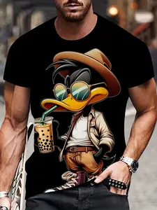 Men's 3D Digital Print Graphic T-Shirt, Cute Duck Wearing Hat, Casual Cartoon Style, Perfect for Daily Streetwear, Short Sleeve, Long Fitted Fit, Menswear