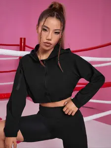 Women's Solid Color Hooded Lightweight Sports Jacket, Casual Long Sleeve Zip Up Outerwear for Gym Workout Running, Ladies Sportswear for All Seasons