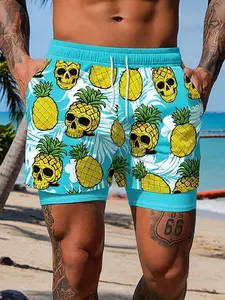 Men's Skull Pineapple Print Shorts, Funny Sports Shorts, Quick-Dry Breathable Beach Sports Pants, Drawstring Waist, Casual Street Style, Summer Fashion