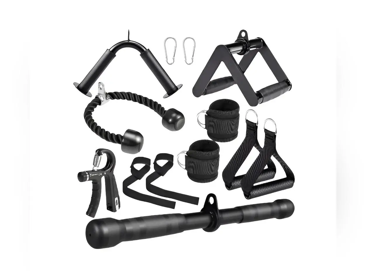 10-In-1 Cable Machine Attachments Set for Gym - Includes Tricep Rope, V-Bar, Straight Bar, D-Handle, Ankle/Wrist Straps, Storage Bag - Compatible with LAT Pulldown & Home Gym Cable Machines