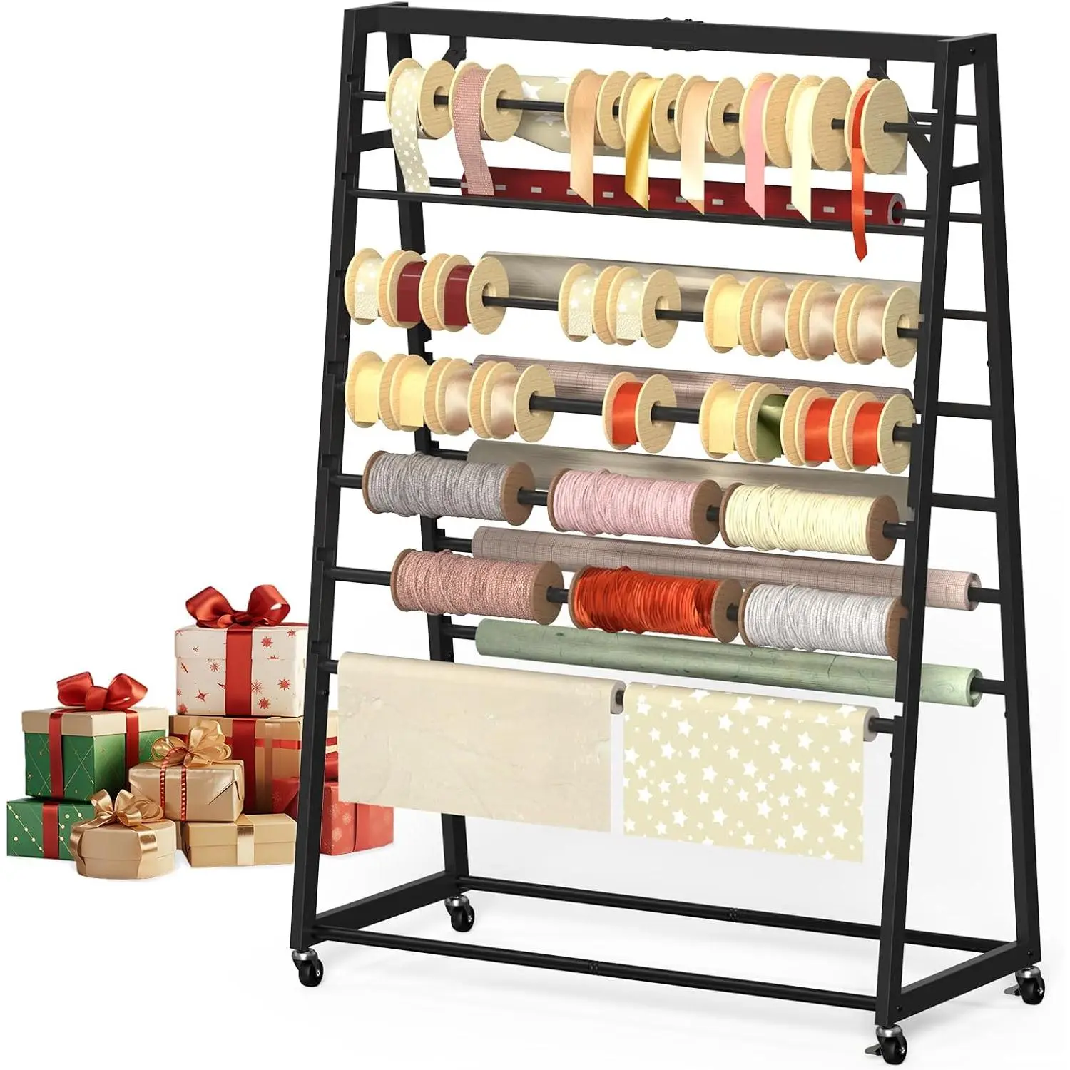15 Tier Rolling Ribbon Organizer, Double Sided Metal Ribbon Holder with Wheels, Heavy Duty Ribbon Rack Craft Storage Cart for Wrapping Paper, Vinyl Rolls,
