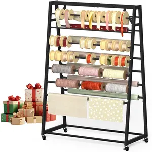 15 Tier Rolling Ribbon Organizer, Double Sided Metal Ribbon Holder with Wheels, Heavy Duty Ribbon Rack Craft Storage Cart for Wrapping Paper, Vinyl Rolls,