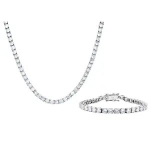 Mens Stainless Steel 5mm Cubic Zirconia Tennis Bracelet And Necklace Set