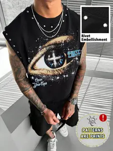 Men's Sleeveless Short Tank Top, Eye Jesus Print & Stud Design, Loose Fit, Casual Style Graphic, Casual Streetwear, Gym, Music Festivals