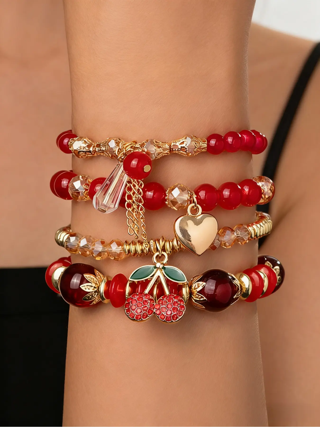 Red & Gold Charm Bracelets Set, Stackable Bracelet, Sweet Retro Jewelry with Cherry, Heart & Crystal Charms for Women's Daily & Party Wear, Stacked Design Bracelets, Stacking Bracelet