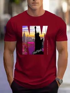 Men's Summer Casual 3D New York Statue of Liberty T-Shirt, Lightweight Polyester, Round Neck, Short Sleeve, Printed Design