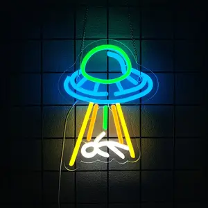 UFO Neon Sign For Room Alien  Neon Light Spaceship  Space Neon Signs for Wall Decor Blue UFO Neon Light Up Sign for Bedroom Game Room Wall Decor Ufo Lovers Alien Theme