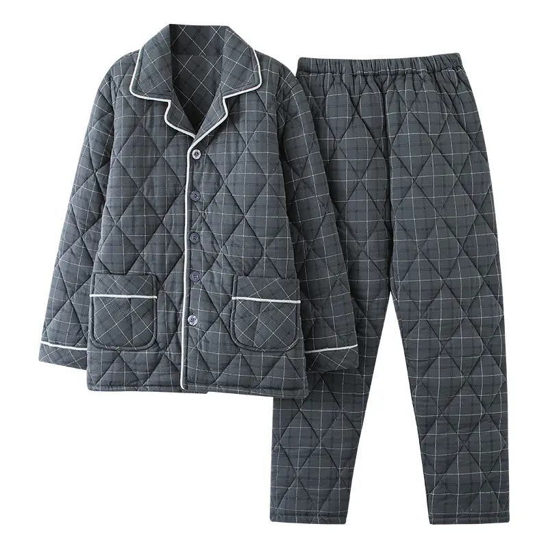 Men's Pyjama Set with Classic Quilted Jacket & Newspaper Print Pants, Warm 2-Piece Breathable Cotton Fabric Loungewear, Menswear, Long Sleeve, Nightwear, Sleeves, Traditional, Pajama Set, Soft, Father's Day, Full Coverage, Ankle-Length Pants, Quilted Look