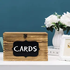 Brown Wood Wedding Card Gift Box with Slotted Lid, Lock and Chalkboard Label