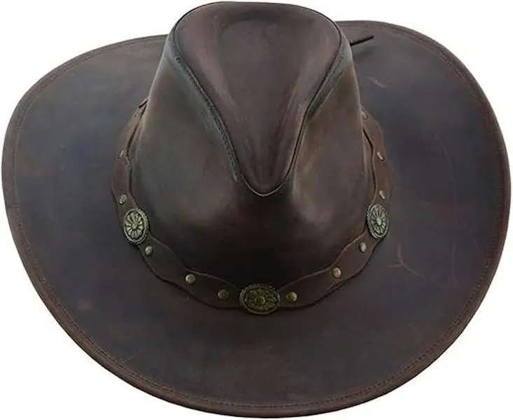 Deadwood Leather Cowboy Hat for Men & Women - Handcrafted Genuine Leather with Conchos Band, Distressed Western Hat